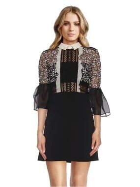Self-Portrait Black & White Cotton Silk Lace Bell Sleeve Mini Dress - US 2 (XS)
